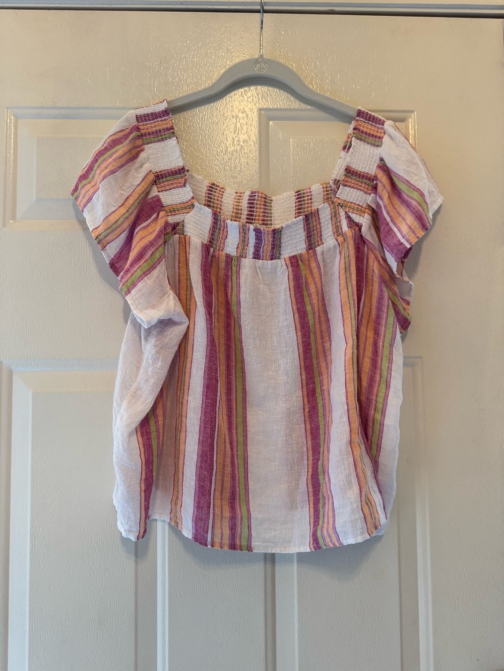 Rails White Off-Shoulder Top with Pink, Orange & Green Stripes